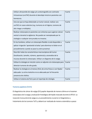 12
Utilizar ultrasonido de vejiga y/o urotomografía con contraste
intravenoso (uroTAC) durante el abordaje inicial en pacientes con
hematuria.
Fuerte
Una vez que se haya detectado un tumor vesical, realizar una
uroTAC en casos selectos (e.g. tumores en el trígono, tumores de
alto riesgo o múltiples).
Fuerte
Realizar cistoscopía en pacientes con síntomas que sugieran cáncer
vesical o durante la vigilancia. No puede ser reemplazada por la
citología o cualquier otra prueba no invasiva.
Fuerte
En los hombres, utilizar un cistoscopio flexible si está disponible y
aplicar irrigación ‘apretando la bolsa’ para disminuir el dolor en el
procedimiento cuando se pase la uretra proximal.
Fuerte
Describir todas las características macroscópicas del tumor
(localización, tamaño, número, apariencia) y anomalías de la
mucosa durante la cistoscopía. Utilizar un diagrama de la vejiga.
Fuerte.
Utilizar la citología en micción como un adjunto a la cistoscopía para
detectar tumores de alto grado.
Fuerte
Realizar la citología en al menos 25mL de orina fresca o con fijador
adecuado. La orina matutina no es adecuada por la frecuente
presencia de citólisis.
Fuerte.
Utilizar el sistema de Paris para el reportaje de citología. Fuerte
Tumores papilares (TaT1)
El diagnóstico de cáncer de vejiga (CV) papilar depende de manera última en el examen
cistoscópico de la vejiga y evaluación histológica del tejido resecado durante la RTUV. La
resección transuretral de vejiga es un procedimiento crucial en el diagnóstico y
tratamiento de los tumores TaT1 y deberá ser realizada de manera sistemática a pasos
 