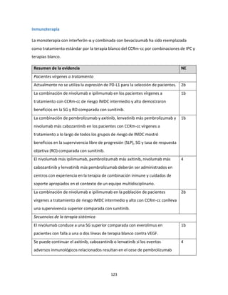 123
Inmunoterapia
La monoterapia con interferón-α y combinada con bevacizumab ha sido reemplazada
como tratamiento estándar por la terapia blanco del CCRm-cc por combinaciones de IPC y
terapias blanco.
Resumen de la evidencia NE
Pacientes vírgenes a tratamiento
Actualmente no se utiliza la expresión de PD-L1 para la selección de pacientes. 2b
La combinación de nivolumab e ipilimumab en los pacientes vírgenes a
tratamiento con CCRm-cc de riesgo IMDC intermedio y alto demostraron
beneficios en la SG y RO comparada con sunitinib.
1b
La combinación de pembrolizumab y axitinib, lenvatinib más pembrolizumab y
nivolumab más cabozantinib en los pacientes con CCRm-cc vírgenes a
tratamiento a lo largo de todos los grupos de riesgo de IMDC mostró
beneficios en la supervivencia libre de progresión (SLP), SG y tasa de respuesta
objetiva (RO) comparada con sunitinib.
1b
El nivolumab más ipilimumab, pembrolizumab más axitinib, nivolumab más
cabozantinib y lenvatinib más pembrolizumab deberán ser administrados en
centros con experiencia en la terapia de combinación inmune y cuidados de
soporte apropiados en el contexto de un equipo multidisciplinario.
4
La combinación de nivolumab e ipilimumab en la población de pacientes
vírgenes a tratamiento de riesgo IMDC intermedio y alto con CCRm-cc conlleva
una supervivencia superior comparada con sunitinib.
2b
Secuencias de la terapia sistémica
El nivolumab conduce a una SG superior comparada con everolimus en
pacientes con falla a una o dos líneas de terapia blanco contra VEGF.
1b
Se puede continuar el axitinib, cabozantinib o lenvatinib si los eventos
adversos inmunológicos relacionados resultan en el cese de pembrolizumab
4
 