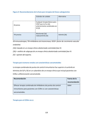 128
Figura 2: Recomendaciones de la Guía para terapias de líneas subsiguientes
Estándar de cuidado Alternativa
IO previa
Cualquier terapia blanco para
VEGF que no ha sido
anteriormente combinada con
IO [4]
TKI previos
Nivolumab [1b]
Cabozantinib [1b]
Axitinib [2b]
IO=inmunoterapia; TKI=inhibidores de tirosincinasa; VEGF= factor de crecimiento vascular
endotelial.
[1b]= basado en un ensayo clínico aleatorizado controlado fase III.
[2b] = análisis de subgrupo de un ensayo clínico aleatorizado controlado fase III.
[4] = opinión del experto.
Terapia para tumores renales con características sarcomatoides
La terapia combinada de puntos de control inmunitarios fue superior al sunitinib en
términos de SLP y SG en un subanálisis de un ensayo clínico que incluyó pacientes con
CCRcc y diferenciación sarcomatoide.
Recomendación Fuerza de la
recomendación
Ofrecer terapia combinada de inhibidores de puntos de control
inmunitarios para pacientes con CCRm-cc con características
sarcomatoides.
Débil
Terapia para el CCRm-no cc
 