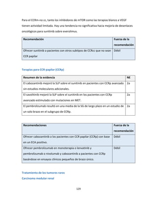 129
Para el CCRm-no cc, tanto los inhibidores de mTOR como las terapias blanco a VEGF
tienen actividad limitada. Hay una tendencia no significativa hacia mejoría de desenlaces
oncológicos para sunitinib sobre everolimus.
Recomendación Fuerza de la
recomendación
Ofrecer sunitinib a pacientes con otros subtipos de CCRcc que no sean
CCR papilar
Débil
Terapias para CCR-papilar (CCRp)
Resumen de la evidencia NE
El cabozantinib mejoró la SLP sobre el sunitinib en pacientes con CCRp avanzado
sin estudios moleculares adicionales.
2a
El savolitinib mejoró la SLP sobre el sunitinib en los pacientes con CCRp
avanzado estimulado con mutaciones en MET.
2a
El pembrolizumab resultó en una media de la SG de largo plazo en un estudio de
un solo brazo en el subgrupo de CCRp.
2a
Recomendaciones Fuerza de la
recomendación
Ofrecer cabozantinib a los pacientes con CCR papilar (CCRp) con base
en un ECA positivo.
Débil
Ofrecer pembrolizumab en monoterapia o lenvatinib y
pembrolizumab o nivolumab y cabozantinib a pacientes con CCRp
basándose en ensayos clínicos pequeños de brazo único.
Débil
Tratamiento de los tumores raros
Carcinoma medular renal
 