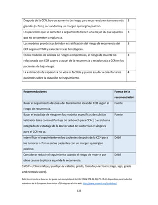 133
Después de la CCN, hay un aumento de riesgo para recurrencia en tumores más
grandes (> 7cm), o cuando hay un margen quirúrgico positivo.
3
Los pacientes que se someten a seguimiento tienen una mejor SG que aquellos
que no se someten a vigilancia.
3
Los modelos pronósticos brindan estratificación del riesgo de recurrencia del
CCR según el TNM y características histológicas.
3
En los modelos de análisis de riesgos competitivos, el riesgo de muerte no
relacionada con CCR supera a aquel de la recurrencia o relacionada a CCR en los
pacientes de bajo riesgo.
3
La estimación de esperanza de vida es factible y puede ayudar a orientar a los
pacientes sobre la duración del seguimiento.
4
Recomendaciones Fuerza de la
recomendación
Basar el seguimiento después del tratamiento local del CCR según el
riesgo de recurrencia.
Fuerte
Basar el estadiaje de riesgo en los modelos específicos de subtipo
validados tales como el Puntaje de Leibovich para CCRcc o el sistema
integrado de estadiaje de la Universidad de California Los Ángeles
para el CCR-no cc.
Fuerte
Intensificar el seguimiento en los pacientes después de la CCN para
los tumores > 7cm o en los pacientes con un margen quirúrgico
positivo.
Débil
Considerar reducir el seguimiento cuando el riesgo de muerte por
otras causas duplica a aquel de la recurrencia.
Débil
SSIGN = (Clínica Mayo) puntaje de estadio, grado, tamaño y necrosis (stage, sign, grade
and necrosis score).
Este libreto corto se basa en las guías más completas de la EAU (ISBN 978-94-92671-19-6), disponibles para todos los
miembros de la European Association of Urology en el sitio web: http://www.uroweb.org/guidelines/
 