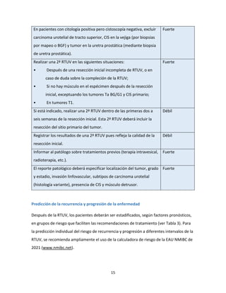 15
En pacientes con citología positiva pero cistoscopía negativa, excluir
carcinoma urotelial de tracto superior, CIS en la vejiga (por biopsias
por mapeo o BGF) y tumor en la uretra prostática (mediante biopsia
de uretra prostática).
Fuerte
Realizar una 2ª RTUV en las siguientes situaciones:
• Después de una resección inicial incompleta de RTUV, o en
caso de duda sobre la compleción de la RTUV;
• Si no hay músculo en el espécimen después de la resección
inicial, exceptuando los tumores Ta BG/G1 y CIS primario;
• En tumores T1.
Fuerte
Si está indicado, realizar una 2ª RTUV dentro de las primeras dos a
seis semanas de la resección inicial. Esta 2ª RTUV deberá incluir la
resección del sitio primario del tumor.
Débil
Registrar los resultados de una 2ª RTUV pues refleja la calidad de la
resección inicial.
Débil
Informar al patólogo sobre tratamientos previos (terapia intravesical,
radioterapia, etc.).
Fuerte
El reporte patológico deberá especificar localización del tumor, grado
y estadio, invasión linfovascular, subtipos de carcinoma urotelial
(histología variante), presencia de CIS y músculo detrusor.
Fuerte
Predicción de la recurrencia y progresión de la enfermedad
Después de la RTUV, los pacientes deberán ser estadificados, según factores pronósticos,
en grupos de riesgo que faciliten las recomendaciones de tratamiento (ver Tabla 3). Para
la predicción individual del riesgo de recurrencia y progresión a diferentes intervalos de la
RTUV, se recomienda ampliamente el uso de la calculadora de riesgo de la EAU NMIBC de
2021 (www.nmibc.net).
 