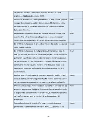 150
de pronóstico bueno a intermedio, con tres a cuatro ciclos de
cisplatino, etopósido, bleomicina (BEP).
Cuando es realizada por un cirujano experto, la resección de ganglios
retroperitoneales conservadora de nervios es el tratamiento inicial
recomendado en el TCGNS estadio clínico (EC) IIA sin marcadores
tumorales elevados.
Débil
Repetir el estadiaje después de seis semanas antes de realizar una
decisión final sobre el manejo subsiguiente en los pacientes con
TCGNS de volumen pequeño (EC IIA <2cm) de marcadores negativos.
Débil
En el TCGNS metastásico de pronóstico intermedio, tratar con cuatro
ciclos de BEP estándar.
Fuerte
En el TCGNS metastásico de mal pronóstico, tratar con un ciclo de
BEP, (o cisplatino, etopósido e ifosfamida [VIP] en caso de disfunción
pulmonar) seguido de evaluación de marcadores tumorales después
de tres semanas. En caso de una reducción favorable de marcadores,
continuar el mismo esquema hasta un total de cuatro ciclos. En el
caso de una reducción no favorable, iniciar la intensificación de la
quimioterapia.
Débil
Realizar resección quirúrgica de las masas residuales visibles (>1cm)
después de la quimioterapia para el TCGNS cuando los niveles séricos
de marcadores tumorales estén normales o hacia la normalización.
Fuerte
Ofrecer quimioterapia inicial basada en cisplatino de acuerdo con los
grupos pronósticos de IGCCCG, o de manera alternativa radioterapia
a los pacientes con seminoma de estadio II A/B. Informar al paciente
de los efectos adversos a largo plazo de ambas opciones del
tratamiento.
Débil
Tratar el seminoma de estadio IIC o mayor con quimioterapia
primaria de acuerdo con la clasificación de IGCCCG (BEP x3 en los
Fuerte
 