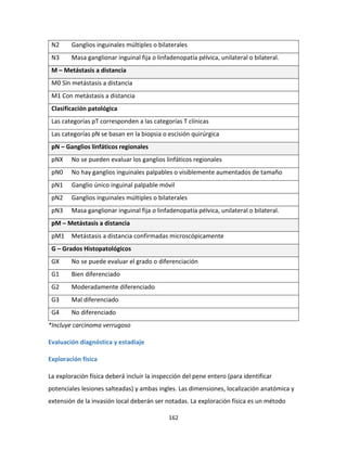 162
N2 Ganglios inguinales múltiples o bilaterales
N3 Masa ganglionar inguinal fija o linfadenopatía pélvica, unilateral o bilateral.
M – Metástasis a distancia
M0 Sin metástasis a distancia
M1 Con metástasis a distancia
Clasificación patológica
Las categorías pT corresponden a las categorías T clínicas
Las categorías pN se basan en la biopsia o escisión quirúrgica
pN – Ganglios linfáticos regionales
pNX No se pueden evaluar los ganglios linfáticos regionales
pN0 No hay ganglios inguinales palpables o visiblemente aumentados de tamaño
pN1 Ganglio único inguinal palpable móvil
pN2 Ganglios inguinales múltiples o bilaterales
pN3 Masa ganglionar inguinal fija o linfadenopatía pélvica, unilateral o bilateral.
pM – Metástasis a distancia
pM1 Metástasis a distancia confirmadas microscópicamente
G – Grados Histopatológicos
GX No se puede evaluar el grado o diferenciación
G1 Bien diferenciado
G2 Moderadamente diferenciado
G3 Mal diferenciado
G4 No diferenciado
*Incluye carcinoma verrugoso
Evaluación diagnóstica y estadiaje
Exploración física
La exploración física deberá incluir la inspección del pene entero (para identificar
potenciales lesiones salteadas) y ambas ingles. Las dimensiones, localización anatómica y
extensión de la invasión local deberán ser notadas. La exploración física es un método
 