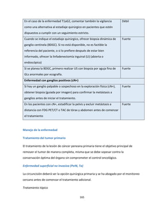 165
En el caso de la enfermedad T1aG2, comentar también la vigilancia
como una alternativa al estadiaje quirúrgico en pacientes que estén
dispuestos a cumplir con un seguimiento estricto.
Débil
Cuando se indique el estadiaje quirúrgico, ofrecer biopsia dinámica de
ganglio centinela (BDGC). Si no está disponible, no es factible la
referencia del paciente, o si lo prefiere después de estar bien
informado, ofrecer la linfadenectomía inguinal (LI) (abierta o
endoscópica)
Fuerte
Si se planea la BDGC, primero realizar US con biopsia por aguja fina de
GLs anormales por ecografía.
Fuerte
Enfermedad con ganglios positivos (cN+)
Si hay un ganglio palpable o sospechoso en la exploración física (cN+),
obtener biopsia (guiada por imagen) para confirmar la metástasis a
ganglios antes de iniciar el tratamiento.
Fuerte
En los pacientes con cN+, estadificar la pelvis y excluir metástasis a
distancia con FDG PET/CT o TAC de tórax y abdomen antes de comenzar
el tratamiento
Fuerte
Manejo de la enfermedad
Tratamiento del tumor primario
El tratamiento de la lesión de cáncer peneana primaria tiene el objetivo principal de
remover el tumor de manera completa, misma que se debe sopesar contra la
conservación óptima del órgano sin comprometer el control oncológico.
Enfermedad superficial no invasiva (PeIN, Ta)
La circuncisión deberá ser la opción quirúrgica primaria y se ha abogado por el monitoreo
cercano antes de comenzar el tratamiento adicional.
Tratamiento tópico
 