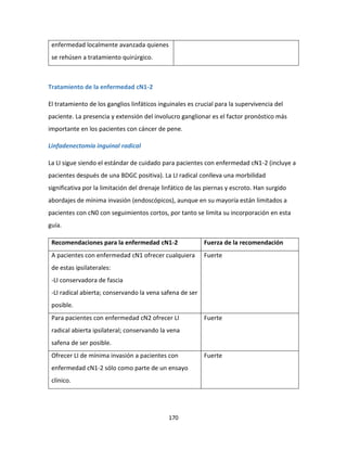 170
enfermedad localmente avanzada quienes
se rehúsen a tratamiento quirúrgico.
Tratamiento de la enfermedad cN1-2
El tratamiento de los ganglios linfáticos inguinales es crucial para la supervivencia del
paciente. La presencia y extensión del involucro ganglionar es el factor pronóstico más
importante en los pacientes con cáncer de pene.
Linfadenectomía inguinal radical
La LI sigue siendo el estándar de cuidado para pacientes con enfermedad cN1-2 (incluye a
pacientes después de una BDGC positiva). La LI radical conlleva una morbilidad
significativa por la limitación del drenaje linfático de las piernas y escroto. Han surgido
abordajes de mínima invasión (endoscópicos), aunque en su mayoría están limitados a
pacientes con cN0 con seguimientos cortos, por tanto se limita su incorporación en esta
guía.
Recomendaciones para la enfermedad cN1-2 Fuerza de la recomendación
A pacientes con enfermedad cN1 ofrecer cualquiera
de estas ipsilaterales:
-LI conservadora de fascia
-LI radical abierta; conservando la vena safena de ser
posible.
Fuerte
Para pacientes con enfermedad cN2 ofrecer LI
radical abierta ipsilateral; conservando la vena
safena de ser posible.
Fuerte
Ofrecer LI de mínima invasión a pacientes con
enfermedad cN1-2 sólo como parte de un ensayo
clínico.
Fuerte
 
