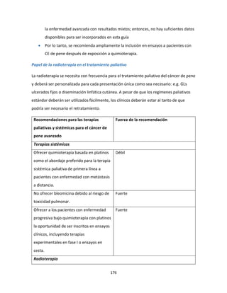 176
la enfermedad avanzada con resultados mixtos; entonces, no hay suficientes datos
disponibles para ser incorporados en esta guía
 Por lo tanto, se recomienda ampliamente la inclusión en ensayos a pacientes con
CE de pene después de exposición a quimioterapia.
Papel de la radioterapia en el tratamiento paliativo
La radioterapia se necesita con frecuencia para el tratamiento paliativo del cáncer de pene
y deberá ser personalizada para cada presentación única como sea necesario: e.g. GLs
ulcerados fijos o diseminación linfática cutánea. A pesar de que los regímenes paliativos
estándar deberán ser utilizados fácilmente, los clínicos deberán estar al tanto de que
podría ser necesario el retratamiento.
Recomendaciones para las terapias
paliativas y sistémicas para el cáncer de
pene avanzado
Fuerza de la recomendación
Terapias sistémicas
Ofrecer quimioterapia basada en platinos
como el abordaje preferido para la terapia
sistémica paliativa de primera línea a
pacientes con enfermedad con metástasis
a distancia.
Débil
No ofrecer bleomicina debido al riesgo de
toxicidad pulmonar.
Fuerte
Ofrecer a los pacientes con enfermedad
progresiva bajo quimioterapia con platinos
la oportunidad de ser inscritos en ensayos
clínicos, incluyendo terapias
experimentales en fase I o ensayos en
cesta.
Fuerte
Radioterapia
 