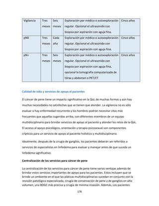 178
Vigilancia Tres
meses
Seis
meses
Exploración por médico o autoexploración
regular. Opcional el ultrasonido con
biopsia por aspiración con aguja fina.
Cinco años
pN0 Tres
meses
Cada
año
Exploración por médico o autoexploración
regular. Opcional el ultrasonido con
biopsia por aspiración con aguja fina.
Cinco años
pN+ Tres
meses
Seis
meses
Exploración por médico o autoexploración
regular. Opcional el ultrasonido con
biopsia por aspiración con aguja fina,
opcional la tomografía computarizada de
tórax y abdomen o PET/CT
Cinco años
Calidad de vida y servicios de apoyo al pacientes
El cáncer de pene tiene un impacto significativo en la QoL de muchas formas y aún hay
muchas necesidades no satisfechas que se tienen que atender. La vigilancia no es sólo
evaluar si hay enfermedad recurrente y los hombres podrán necesitar citas más
frecuentes que aquellas sugeridas arriba, con diferentes miembros de un equipo
multidisciplinario para brindar servicios de apoyo al paciente y atender los retos de la QoL.
El acceso al apoyo psicológico, orientación y terapia psicosexual son componentes
crípticos para un servicio de apoyo al paciente holístico y multidisciplinario.
Idealmente, después de la cirugía de ganglios, los pacientes deberán ser referidos a
servicios de especialistas en linfedema para evaluar y manejar antes de que suceda un
linfedema significativo.
Centralización de los servicios para cáncer de pene
La centralización de los servicios para cáncer de pene tiene varias ventajas además de
brindar estos servicios importantes de apoyo para los pacientes. Estos incluyen que se
brinde un ambiente en el que las pláticas multidisciplinarias sucedan en conjunto con la
revisión patológica especializada, cirugía de conservación de pene y de ganglios en alto
volumen, una BDGC más precisa y cirugía de mínima invasión. Además, Los pacientes
 