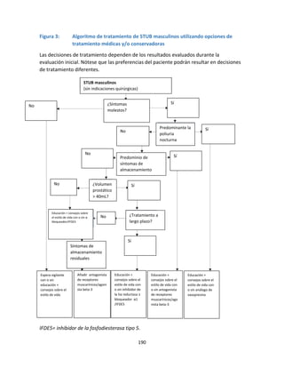190
Figura 3: Algoritmo de tratamiento de STUB masculinos utilizando opciones de
tratamiento médicas y/o conservadoras
Las decisiones de tratamiento dependen de los resultados evaluados durante la
evaluación inicial. Nótese que las preferencias del paciente podrán resultar en decisiones
de tratamiento diferentes.
IFDE5= inhibidor de la fosfodiesterasa tipo 5.
STUB masculinos
(sin indicaciones quirúrgicas)
¿Síntomas
molestos?
Educación +
consejos sobre el
estilo de vida con
o sin antagonista
de receptores
muscarínicos/ago
nista beta-3
No
Sí
Sí
Sí
Sí
No
No
Sí
¿Tratamiento a
largo plazo?
Educación + consejos sobre
el estilo de vida con o sin α
bloqueador/IFDE5
¿Volumen
prostático
> 40mL?
Predominio de
síntomas de
almacenamiento
No
Predominante la
poliuria
nocturna
Síntomas de
almacenamiento
residuales
No
Espera vigilante
con o sin
educación +
consejos sobre el
estilo de vida
Añadir antagonista
de receptores
muscarínicos/agoni
sta beta-3
Educación +
consejos sobre el
estilo de vida con
o sin inhibidor de
la 5α reductasa ±
bloqueador α1
/IFDE5
Educación +
consejos sobre el
estilo de vida con
o sin análogo de
vasopresina
 