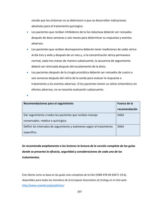 207
siendo que los síntomas no se deterioren o que se desarrollen indicaciones
absolutas para el tratamiento quirúrgico.
 Los pacientes que reciban inhibidores de la 5α reductasa deberán ser revisados
después de doce semanas y seis meses para determinar su respuesta y eventos
adversos.
 Los pacientes que reciban desmopresina deberán tener mediciones de sodio sérico
al día tres y siete y después de un mes y, si la concentración sérica permanece
normal, cada tres meses de manera subsecuente; la secuencia de seguimiento
deberá ser reiniciada después del escalamiento de la dosis.
 Los pacientes después de la cirugía prostática deberán ser revisados de cuatro a
seis semanas después del retiro de la sonda para evaluar la respuesta a
tratamiento y los eventos adversos. Si los pacientes tienen un alivio sintomático sin
efectos adversos, no se necesita evaluación subsecuente.

Recomendaciones para el seguimiento Fuerza de la
recomendación
Dar seguimiento a todos los pacientes que reciban manejo
conservador, médico o quirúrgico.
Débil
Definir los intervalos de seguimiento y exámenes según el tratamiento
específico.
Débil
Se recomienda ampliamente a los lectores la lectura de la versión completa de las guías
donde se presenta la eficacia, seguridad y consideraciones de cada uno de los
tratamientos.
Este libreto corto se basa en las guías más completas de la EAU (ISBN 978-94-92671-19-6),
disponibles para todos los miembros de la European Association of Urology en el sitio web:
http://www.uroweb.org/guidelines/
 