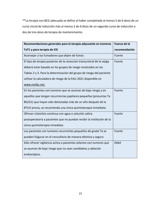 21
**La terapia con BCG adecuada se define al haber completado al menos 5 de 6 dosis de un
curso inicial de inducción más al menos 2 de 6 dosis de un segundo curso de inducción o
dos de tres dosis de terapia de mantenimiento.
Recomendaciones generales para la terapia adyuvante en tumores
TaT1 y para terapia de CIS
Fuerza de la
recomendación
Aconsejar a los fumadores que dejen de fumar. Fuerte
El tipo de terapia posterior de la resección transuretral de la vejiga
deberá estar basado en los grupos de riesgo mostrados en las
Tablas 2 y 3. Para la determinación del grupo de riesgo del paciente
utilizar la calculadora de riesgo de la EAU 2021 disponible en
www.nmibc.net.
Fuerte
En los pacientes con tumores que se asuman de bajo riesgo y en
aquellos que tengan recurrencias papilares pequeñas (presuntas Ta
BG/G1) que hayan sido detectadas más de un año después de la
RTUV previa, se recomienda una única quimioterapia inmediata.
Fuerte
Ofrecer cistoclisis continua con agua o solución salina
postoperatoria a pacientes que no puedan recibir la instilación de la
única quimioterapia inmediata
Fuerte
Los pacientes con tumores recurrentes pequeños de grado Ta se
pueden fulgurar en el consultorio de manera efectiva y segura
Fuerte
Sólo ofrecer vigilancia activa a pacientes selectos con tumores que
se asuman de bajo riesgo que no sean candidatos a ablación
endoscópica.
Débil
 