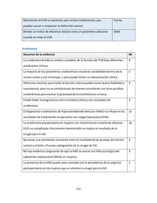 211
Monitorear el VUR en pacientes que reciban tratamientos que
puedan causar o empeorar la disfunción vesical.
Fuerte
Brindar un índice de eficiencia vesical como un parámetro adicional
cuando se mida el VUR.
Débil
Urodinamia
Resumen de la evidencia NE
La urodinamia brinda un análisis completo de la función del TUB bajo diferentes
condiciones clínicas.
4
La mayoría de los parámetros urodinámicos muestran variabilidad dentro de la
misma sesión y con el tiempo, y esto puede limitar su interpretación clínica.
3
Diferentes técnicas para medir la función uretral pueden tener buena fiabilidad y
consistencia, pero no se correlacionan de manera consistente con otras pruebas
urodinámicas para evaluar la gravedad de la incontinencia urinaria.
3
Puede haber incongruencia entre la historia clínica y los resultados de
urodinamia.
3
El diagnóstico urodinámico de hiperactividad del detrusor (HAD) no influye en los
resultados de tratamiento en pacientes con vejiga hiperactiva (VHA).
1a
La urodinamia preoperatoria en mujeres con incontinencia urinaria de esfuerzo
(IUE) no complicada clínicamente demostrable no mejora el resultado de la
cirugía para la IUE.
1b
No existe una correlación constante entre el resultado de las pruebas de función
uretral y el éxito o fracaso subsiguiente de la cirugía de IUE.
3
No hay evidencia congruente de que la HAD se asocie con falla quirúrgica del
cabestrillo mediouretral (MUS) en mujeres.
3
La presencia de la HAD puede estar asociada con la persistencia de la urgencia
postoperatoria en las mujeres que se sometan a cirugía para la IUE.
3
 