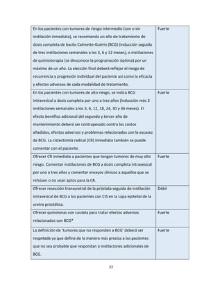 22
En los pacientes con tumores de riesgo intermedio (con o sin
instilación inmediata), se recomienda un año de tratamiento de
dosis completa de bacilo Calmette-Guérin (BCG) (inducción seguida
de tres instilaciones semanales a los 3, 6 y 12 meses), o instilaciones
de quimioterapia (se desconoce la programación óptima) por un
máximo de un año. La elección final deberá reflejar el riesgo de
recurrencia y progresión individual del paciente así como la eficacia
y efectos adversos de cada modalidad de tratamiento.
Fuerte
En los pacientes con tumores de alto riesgo, se indica BCG
intravesical a dosis completa por uno a tres años (inducción más 3
instilaciones semanales a los 3, 6, 12, 18, 24, 30 y 36 meses). El
efecto benéfico adicional del segundo y tercer año de
mantenimiento deberá ser contrapesado contra los costos
añadidos, efectos adversos y problemas relacionados con la escasez
de BCG. La cistectomía radical (CR) inmediata también se puede
comentar con el paciente.
Fuerte
Ofrecer CR inmediata a pacientes que tengan tumores de muy alto
riesgo. Comentar instilaciones de BCG a dosis completa intravesical
por uno a tres años y comentar ensayos clínicos a aquellos que se
rehúsen o no sean aptos para la CR.
Fuerte
Ofrecer resección transuretral de la próstata seguida de instilación
intravesical de BCG a los pacientes con CIS en la capa epitelial de la
uretra prostática.
Débil
Ofrecer quinolonas con cautela para tratar efectos adversos
relacionados con BCG*
Fuerte
La definición de ‘tumores que no responden a BCG’ deberá ser
respetada ya que define de la manera más precisa a los pacientes
que no sea probable que respondan a instilaciones adicionales de
BCG.
Fuerte
 