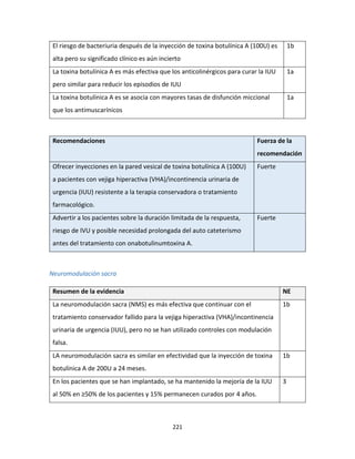 221
El riesgo de bacteriuria después de la inyección de toxina botulínica A (100U) es
alta pero su significado clínico es aún incierto
1b
La toxina botulínica A es más efectiva que los anticolinérgicos para curar la IUU
pero similar para reducir los episodios de IUU
1a
La toxina botulínica A es se asocia con mayores tasas de disfunción miccional
que los antimuscarínicos
1a
Recomendaciones Fuerza de la
recomendación
Ofrecer inyecciones en la pared vesical de toxina botulínica A (100U)
a pacientes con vejiga hiperactiva (VHA)/incontinencia urinaria de
urgencia (IUU) resistente a la terapia conservadora o tratamiento
farmacológico.
Fuerte
Advertir a los pacientes sobre la duración limitada de la respuesta,
riesgo de IVU y posible necesidad prolongada del auto cateterismo
antes del tratamiento con onabotulinumtoxina A.
Fuerte
Neuromodulación sacra
Resumen de la evidencia NE
La neuromodulación sacra (NMS) es más efectiva que continuar con el
tratamiento conservador fallido para la vejiga hiperactiva (VHA)/incontinencia
urinaria de urgencia (IUU), pero no se han utilizado controles con modulación
falsa.
1b
LA neuromodulación sacra es similar en efectividad que la inyección de toxina
botulínica A de 200U a 24 meses.
1b
En los pacientes que se han implantado, se ha mantenido la mejoría de la IUU
al 50% en ≥50% de los pacientes y 15% permanecen curados por 4 años.
3
 