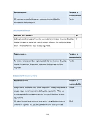 222
Recomendación Fuerza de la
recomendación
Ofrecer neuromodulación sacra a los pacientes con VHA/IUU
resistente a anticolinérgicos.
Fuerte
Tratamiento con láser
Resumen de la evidencia NE
La terapia con láser vaginal muestra una mejoría mínima de síntomas de vejiga
hiperactiva a corto plazo, con complicaciones mínimas. Sin embargo, faltan
datos sobre la eficacia a largo plazo y seguridad.
3
Recomendación Fuerza de la
recomendación
No ofrecer terapia con láser vaginal para tratar los síntomas de vejiga
hiperactiva a menos de estar en un ensayo de investigación bien
regulado.
Fuerte
Cistoplastía/derivación urinaria
Recomendaciones Fuerza de la
recomendación
Asegurar que la orientación y apoyo de por vida antes y después de la
cirugía mayor como tratamiento de la vejiga hiperactiva (VHA) sea
brindada por enfermería especializada o un profesional de la salud
equivalente
Fuerte
Ofrecer cistoplastía de aumento a pacientes con VHA/incontinencia
urinaria de urgencia (IUU) que hayan fallado toda otra opción de
Débil
 