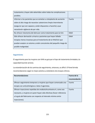 223
tratamiento y hayan sido advertidos sobre todas las complicaciones
posibles.
Informar a los pacientes que se sometan a cistoplastía de aumento
sobre el alto riesgo de necesitar cateterismo limpio intermitente
(asegurar que son capaces y están dispuestos a hacerlo) y que
necesitarán vigilancia de por vida.
Fuerte
No ofrecer miectomía del detrusor como tratamiento para la IUU. Débil
Sólo ofrecer derivación urinaria a pacientes que hayan fallado
terapias menos invasivas para el tratamiento de la VHA/IUU que
puedan aceptar un estoma y estén conscientes del pequeño riesgo de
posible malignidad.
Débil
Seguimiento
El seguimiento para las mujeres con VHA se guía por el tipo de tratamiento brindado y la
capacidad local de servicio.
La estandarización de los caminos de seguimiento, entonces, es difícil. El Panel brinda
recomendaciones según la mejor práctica y estándares de ensayos clínicos.
Recomendaciones Fuerza de la
recomendación
Ofrecer seguimiento temprano a mujeres que hayan comenzado una
terapia con anticolinérgicos o beta-3 agonistas.
Fuerte
Ofrecer inyecciones repetidas de onabotulinumtoxina A, como sea
necesario, a mujeres en quien hayan sido efectivas (hacer referencia
a la guía del fabricante con respecto al intervalo mínimo entre
inyecciones).
Fuerte
 