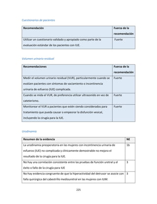 225
Cuestionarios de pacientes
Recomendación Fuerza de la
recomendación
Utilizar un cuestionario validado y apropiado como parte de la
evaluación estándar de los pacientes con IUE.
Fuerte
Volumen urinario residual
Recomendaciones Fuerza de la
recomendación
Medir el volumen urinario residual (VUR), particularmente cuando se
evalúen pacientes con síntomas de vaciamiento o incontinencia
urinaria de esfuerzo (IUE) complicada.
Fuerte
Cuando se mida el VUR, de preferencia utilizar ultrasonido en vez de
cateterismo.
Fuerte
Monitorear el VUR a pacientes que estén siendo considerados para
tratamiento que pueda causar o empeorar la disfunción vesical,
incluyendo la cirugía para la IUE.
Fuerte
Urodinamia
Resumen de la evidencia NE
La urodinamia preoperatoria en las mujeres con incontinencia urinaria de
esfuerzo (IUE) no complicada y clínicamente demostrable no mejora el
resultado de la cirugía para la IUE.
1b
No hay una correlación consistente entre las pruebas de función uretral y el
éxito o fallo de la cirugía para IUE
3
No hay evidencia congruente de que la hiperactividad del detrusor se asocie con
falla quirúrgica del cabestrillo mediouretral en las mujeres con IUM.
3
 