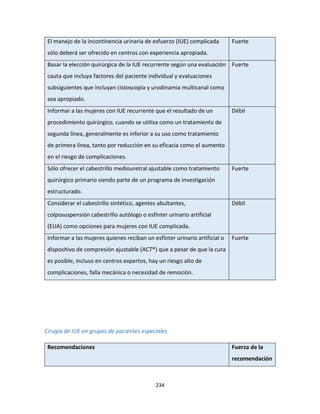 234
El manejo de la incontinencia urinaria de esfuerzo (IUE) complicada
sólo deberá ser ofrecido en centros con experiencia apropiada.
Fuerte
Basar la elección quirúrgica de la IUE recurrente según una evaluación
cauta que incluya factores del paciente individual y evaluaciones
subsiguientes que incluyan cistoscopía y urodinamia multicanal como
sea apropiado.
Fuerte
Informar a las mujeres con IUE recurrente que el resultado de un
procedimiento quirúrgico, cuando se utiliza como un tratamiento de
segunda línea, generalmente es inferior a su uso como tratamiento
de primera línea, tanto por reducción en su eficacia como el aumento
en el riesgo de complicaciones.
Débil
Sólo ofrecer el cabestrillo mediouretral ajustable como tratamiento
quirúrgico primario siendo parte de un programa de investigación
estructurado.
Fuerte
Considerar el cabestrillo sintético, agentes abultantes,
colposuspensión cabestrillo autólogo o esfínter urinario artificial
(EUA) como opciones para mujeres con IUE complicada.
Débil
Informar a las mujeres quienes reciban un esfínter urinario artificial o
dispositivo de compresión ajustable (ACT®) que a pesar de que la cura
es posible, incluso en centros expertos, hay un riesgo alto de
complicaciones, falla mecánica o necesidad de remoción.
Fuerte
Cirugía de IUE en grupos de pacientes especiales
Recomendaciones Fuerza de la
recomendación
 