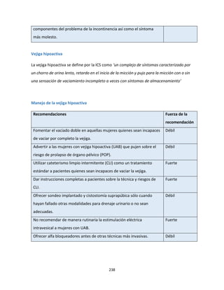 238
componentes del problema de la incontinencia así como el síntoma
más molesto.
Vejiga hipoactiva
La vejiga hipoactiva se define por la ICS como ‘un complejo de síntomas caracterizado por
un chorro de orina lento, retardo en el inicio de la micción y pujo para la micción con o sin
una sensación de vaciamiento incompleto a veces con síntomas de almacenamiento’
Manejo de la vejiga hipoactiva
Recomendaciones Fuerza de la
recomendación
Fomentar el vaciado doble en aquellas mujeres quienes sean incapaces
de vaciar por completo la vejiga.
Débil
Advertir a las mujeres con vejiga hipoactiva (UAB) que pujen sobre el
riesgo de prolapso de órgano pélvico (POP).
Débil
Utilizar cateterismo limpio intermitente (CLI) como un tratamiento
estándar a pacientes quienes sean incapaces de vaciar la vejiga.
Fuerte
Dar instrucciones completas a pacientes sobre la técnica y riesgos de
CLI.
Fuerte
Ofrecer sondeo implantado y cistostomía suprapúbica sólo cuando
hayan fallado otras modalidades para drenaje urinario o no sean
adecuadas.
Débil
No recomendar de manera rutinaria la estimulación eléctrica
intravesical a mujeres con UAB.
Fuerte
Ofrecer alfa bloqueadores antes de otras técnicas más invasivas. Débil
 