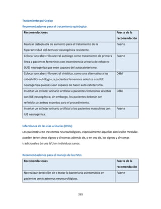 263
Tratamiento quirúrgico
Recomendaciones para el tratamiento quirúrgico
Recomendaciones Fuerza de la
recomendación
Realizar cistoplastía de aumento para el tratamiento de la
hiperactividad del detrusor neurogénica resistente.
Fuerte
Colocar un cabestrillo uretral autólogo como tratamiento de primera
línea a pacientes femeninos con incontinencia urinaria de esfuerzo
(IUE) neurogénica que sean capaces del autocateterismo.
Fuerte
Colocar un cabestrillo uretral sintético, como una alternativa a los
cabestrillos autólogos, a pacientes femeninos selectos con IUE
neurogénica quienes sean capaces de hacer auto cateterismo.
Débil
Insertar un esfínter urinario artificial a pacientes femeninos selectos
con IUE neurogénica; sin embargo, los pacientes deberán ser
referidos a centros expertos para el procedimiento.
Débil
Insertar un esfínter urinario artificial a los pacientes masculinos con
IUE neurogénica.
Fuerte
Infecciones de las vías urinarias (IVUs)
Los pacientes con trastornos neurourológicos, especialmente aquellos con lesión medular,
pueden tener otros signos y síntomas además de, o en vez de, los signos y síntomas
tradicionales de una IVU en individuos sanos.
Recomendaciones para el manejo de las IVUs
Recomendaciones Fuerza de la
recomendación
No realizar detección de o tratar la bacteriuria asintomática en
pacientes con trastornos neurourológicos.
Fuerte
 