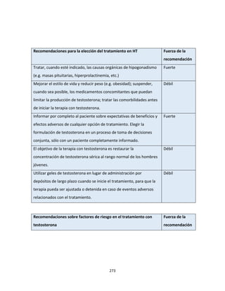 273
Recomendaciones para la elección del tratamiento en HT Fuerza de la
recomendación
Tratar, cuando esté indicado, las causas orgánicas de hipogonadismo
(e.g. masas pituitarias, hiperprolactinemia, etc.)
Fuerte
Mejorar el estilo de vida y reducir peso (e.g. obesidad); suspender,
cuando sea posible, los medicamentos concomitantes que puedan
limitar la producción de testosterona; tratar las comorbilidades antes
de iniciar la terapia con testosterona.
Débil
Informar por completo al paciente sobre expectativas de beneficios y
efectos adversos de cualquier opción de tratamiento. Elegir la
formulación de testosterona en un proceso de toma de decisiones
conjunta, sólo con un paciente completamente informado.
Fuerte
El objetivo de la terapia con testosterona es restaurar la
concentración de testosterona sérica al rango normal de los hombres
jóvenes.
Débil
Utilizar geles de testosterona en lugar de administración por
depósitos de largo plazo cuando se inicie el tratamiento, para que la
terapia pueda ser ajustada o detenida en caso de eventos adversos
relacionados con el tratamiento.
Débil
Recomendaciones sobre factores de riesgo en el tratamiento con
testosterona
Fuerza de la
recomendación
 