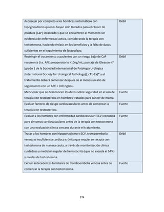 274
Aconsejar por completo a los hombres sintomáticos con
hipogonadismo quienes hayan sido tratados para el cáncer de
próstata (CaP) localizado y que se encuentren al momento sin
evidencia de enfermedad activa, considerando la terapia con
testosterona, haciendo énfasis en los beneficios y la falta de datos
suficientes en el seguimiento de largo plazo.
Débil
Restringir el tratamiento a pacientes con un riesgo bajo de CaP
recurrente (i.e. APE preoperatorio <10ng/mL; puntaje de Gleason <7
[grado 1 de la Sociedad Internacional de Patología Urológica
{International Society for Urological Pathology}]; cT1-2a)* y el
tratamiento deberá comenzar después de al menos un año de
seguimiento con un APE < 0.01ng/mL.
Débil
Mencionar que se desconocen los datos sobre seguridad en el uso de
terapia con testosterona en hombres tratados para cáncer de mama.
Fuerte
Evaluar factores de riesgo cardiovasculares antes de comenzar la
terapia con testosterona.
Fuerte
Evaluar a los hombres con enfermedad cardiovascular (ECV) conocida
para síntomas cardiovasculares antes de la terapia con testosterona
con una evaluación clínica cercana durante el tratamiento.
Fuerte
Tratar a los hombres con hipogonadismo y ECV, tromboembolia
venosa o insuficiencia cardiaca crónica que requieran terapia con
testosterona de manera cauta, a través de monitorización clínica
cuidadosa y medición regular de hematocrito (que no exceda el 54%)
y niveles de testosterona.
Débil
Excluir antecedentes familiares de tromboembolia venosa antes de
comenzar la terapia con testosterona.
Fuerte
 