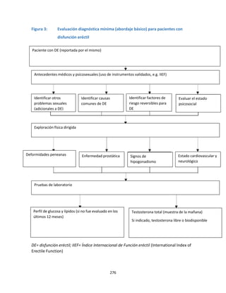 276
Figura 3: Evaluación diagnóstica mínima (abordaje básico) para pacientes con
disfunción eréctil
DE= disfunción eréctil; IIEF= Índice Internacional de Función eréctil (International Index of
Erectile Function)
Paciente con DE (reportada por el mismo)
Antecedentes médicos y psicosexuales (uso de instrumentos validados, e.g. IIEF)
Exploración física dirigida
Pruebas de laboratorio
Perfil de glucosa y lípidos (si no fue evaluado en los
últimos 12 meses)
Testosterona total (muestra de la mañana)
Si indicado, testosterona libre o biodisponible
Deformidades peneanas Enfermedad prostática Signos de
hipogonadismo
Estado cardiovascular y
neurológico
Evaluar el estado
psicosocial
Identificar factores de
riesgo reversibles para
DE
Identificar otros
problemas sexuales
(adicionales a DE)
Identificar causas
comunes de DE
 