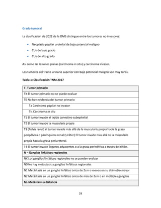 28
Grado tumoral
La clasificación de 2022 de la OMS distingue entre los tumores no invasores:
 Neoplasia papilar urotelial de bajo potencial maligno
 CUs de bajo grado
 CUs de alto grado
Así como las lesiones planas (carcinoma in situ) y carcinoma invasor.
Los tumores del tracto urinario superior con bajo potencial maligno son muy raros.
Tabla 1: Clasificación TNM 2017
T- Tumor primario
TX El tumor primario no se puede evaluar
T0 No hay evidencia del tumor primario
Ta Carcinoma papilar no invasor
Tis Carcinoma in situ
T1 El tumor invade el tejido conectivo subepitelial
T2 El tumor invade la muscularis propia
T3 (Pelvis renal) el tumor invade más allá de la muscularis propia hacia la grasa
peripélvica o parénquima renal (Uréter) El tumor invade más allá de la muscularis
propia hacia la grasa periureteral.
T4 El tumor invade órganos adyacentes o a la grasa perinéfrica a través del riñón.
N – Ganglios linfáticos regionales
NX Los ganglios linfáticos regionales no se pueden evaluar
N0 No hay metástasis a ganglios linfáticos regionales
N1 Metástasis en un ganglio linfático único de 2cm o menos en su diámetro mayor
N2 Metástasis en un ganglio linfático único de más de 2cm o en múltiples ganglios
M- Metástasis a distancia
 