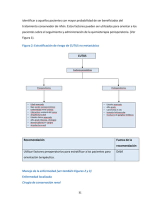 31
identificar a aquellos pacientes con mayor probabilidad de ser beneficiados del
tratamiento conservador de riñón. Estos factores pueden ser utilizados para orientar a los
pacientes sobre el seguimiento y administración de la quimioterapia perioperatoria. (Ver
Figura 1).
Figura 2: Estratificación de riesgo de CUTUS no metastásico
Recomendación Fuerza de la
recomendación
Utilizar factores preoperatorios para estratificar a los pacientes para
orientación terapéutica.
Débil
Manejo de la enfermedad (ver también Figuras 2 y 3)
Enfermedad localizada
Cirugía de conservación renal
 