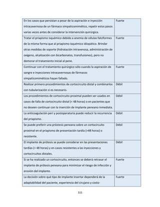 315
En los casos que persistan a pesar de la aspiración e inyección
intracavernosa de un fármaco simpaticomimético, repetir estos pasos
varias veces antes de considerar la intervención quirúrgica.
Fuerte
Tratar el priapismo isquémico debido a anemia de células falciformes
de la misma forma que al priapismo isquémico idiopático. Brindar
otras medidas de soporte (hidratación intravenosa, administración de
oxígeno, alcalización con bicarbonatos, transfusiones), pero no
demorar el tratamiento inicial al pene.
Fuerte
Continuar con el tratamiento quirúrgico sólo cuando la aspiración de
sangre e inyecciones intracavernosas de fármacos
simpaticomiméticos hayan fallado.
Fuerte
Realizar primero procedimientos de cortocircuito distal y combinarlos
con tubularización si es necesario.
Débil
Los procedimientos de cortocircuito proximal pueden ser usados en
casos de falla de cortocircuito distal (< 48 horas) o en pacientes que
no deseen continuar con la inserción de implante peneano inmediata.
Débil
La anticoagulación peri y postoperatoria puede reducir la recurrencia
del priapismo.
Débil
Se puede preferir una próstesis peneana sobre un cortocircuito
proximal en el priapismo de presentación tardía (>48 horas) o
resistente.
Débil
El implante de prótesis se puede considerar en las presentaciones
tardías (> 48 horas) y en casos resistentes a las inyecciones y
cortocircuitos distales.
Débil
Si se ha realizado un cortocircuito, entonces se deberá retrasar el
implante de prótesis peneana para minimizar el riesgo de infección y
erosión del implante.
Fuerte
La decisión sobre qué tipo de implante insertar dependerá de la
adaptabilidad del paciente, experiencia del cirujano y costo-
Fuerte
 