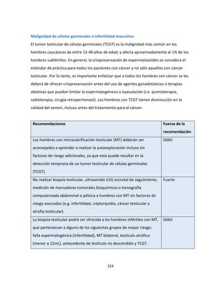 324
Malignidad de células germinales e infertilidad masculina
El tumor testicular de células germinales (TCGT) es la malignidad más común en los
hombres caucásicos de entre 15-40 años de edad, y afecta aproximadamente al 1% de los
hombres subfértiles. En general, la criopreservación de espermatozoides se considera el
estándar de práctica para todos los pacientes con cáncer y no sólo aquellos con cáncer
testicular. Por lo tanto, es importante enfatizar que a todos los hombres con cáncer se les
deberá de ofrecer criopreservación antes del uso de agentes gonadotóxicos o terapias
ablativas que puedan limitar la espermatogénesis o eyaculación (i.e. quimioterapia,
radioterapia, cirugía retroperitoneal). Los hombres con TCGT tienen disminución en la
calidad del semen, incluso antes del tratamiento para el cáncer.
Recomendaciones Fuerza de la
recomendación
Los hombres con microcalcificación testicular (MT) deberán ser
aconsejados a aprender a realizar la autoexploración incluso sin
factores de riesgo adicionales, ya que esto puede resultar en la
detección temprana de un tumor testicular de células germinales
(TCGT).
Débil
No realizar biopsia testicular, ultrasonido (US) escrotal de seguimiento,
medición de marcadores tumorales bioquímicos o tomografía
computarizada abdominal o pélvica a hombres con MT sin factores de
riesgo asociados (e.g. infertilidad, criptorquidia, cáncer testicular y
atrofia testicular).
Fuerte
La biopsia testicular podrá ser ofrecida a los hombres infértiles con MT,
que pertenezcan a alguno de los siguientes grupos de mayor riesgo:
falla espermatogénica (infertilidad), MT bilateral, testículo atrófico
(menor a 12mL), antecedente de testículo no descendido y TCGT.
Débil
 