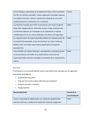 325
Si hay hallazgos sospechosos en la exploración física o US en pacientes
con MT con lesiones asociadas, realizar exploración quirúrgica inguinal
con biopsia testicular u ofrecer orquiectomía después de una junta
multidisciplinaria y comentarios con el paciente.
Fuerte
Los hombres tratados para TCGT se encuentran con mayor riesgo de
desarrollar hipogonadismo, disfunción sexual y riesgo cardiovascular.
Los hombres deberán ser manejados en el contexto de un equipo
multidisciplinario en una clínica dedicada a los efectos de largo plazo.
Débil
La criopreservación de espermatozoides deberá ser realizada antes de
la orquiectomía planeada, ya que los hombres con cáncer testicular
podrían tener anomalías espermáticas significativas (incluyendo
azoospermia).
Débil
A los hombres con cáncer testicular y azoospermia o anomalías graves
en los parámetros seminales se les podrá ofrecer extracción de
espermatozoides testicular oncológica al momento de la orquiectomía
radical.
Débil
Varicocele
El varicocele es una anomalía genital común, que podría estar asociada con las siguientes
condiciones andrológicas:
 Subfertilidad masculina
 Falla del crecimiento y desarrollo testicular ipsilateral
 Síntomas de dolor y malestar
 Hipogonadismo
Recomendaciones Fuerza de la
recomendación
Tratar el varicocele en adolescentes con reducción ipsilateral del
volumen testicular y evidencia de disfunción testicular progresiva.
Débil
 