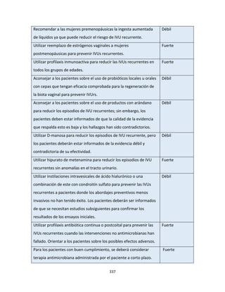 337
Recomendar a las mujeres premenopáusicas la ingesta aumentada
de líquidos ya que puede reducir el riesgo de IVU recurrente.
Débil
Utilizar reemplazo de estrógenos vaginales a mujeres
postmenopáusicas para prevenir IVUs recurrentes.
Fuerte
Utilizar profilaxis inmunoactiva para reducir las IVUs recurrentes en
todos los grupos de edades.
Fuerte
Aconsejar a los pacientes sobre el uso de probióticos locales u orales
con cepas que tengan eficacia comprobada para la regeneración de
la biota vaginal para prevenir IVUrs.
Débil
Aconsejar a los pacientes sobre el uso de productos con arándano
para reducir los episodios de IVU recurrentes; sin embargo, los
pacientes deben estar informados de que la calidad de la evidencia
que respalda esto es baja y los hallazgos han sido contradictorios.
Débil
Utilizar D-manosa para reducir los episodios de IVU recurrente, pero
los pacientes deberán estar informados de la evidencia débil y
contradictoria de su efectividad.
Débil
Utilizar hipurato de metenamina para reducir los episodios de IVU
recurrentes sin anomalías en el tracto urinario.
Fuerte
Utilizar instilaciones intravesicales de ácido hialurónico o una
combinación de este con condroitín sulfato para prevenir las IVUs
recurrentes a pacientes donde los abordajes preventivos menos
invasivos no han tenido éxito. Los pacientes deberán ser informados
de que se necesitan estudios subsiguientes para confirmar los
resultados de los ensayos iniciales.
Débil
Utilizar profilaxis antibiótica continua o postcoital para prevenir las
IVUs recurrentes cuando las intervenciones no antimicrobianas han
fallado. Orientar a los pacientes sobre los posibles efectos adversos.
Fuerte
Para los pacientes con buen cumplimiento, se deberá considerar
terapia antimicrobiana administrada por el paciente a corto plazo.
Fuerte
 