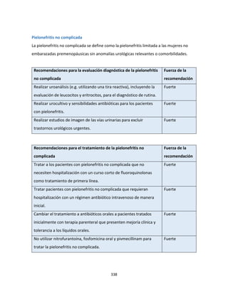 338
Pielonefritis no complicada
La pielonefritis no complicada se define como la pielonefritis limitada a las mujeres no
embarazadas premenopáusicas sin anomalías urológicas relevantes o comorbilidades.
Recomendaciones para la evaluación diagnóstica de la pielonefritis
no complicada
Fuerza de la
recomendación
Realizar uroanálisis (e.g. utilizando una tira reactiva), incluyendo la
evaluación de leucocitos y eritrocitos, para el diagnóstico de rutina.
Fuerte
Realizar urocultivo y sensibilidades antibióticas para los pacientes
con pielonefritis.
Fuerte
Realizar estudios de imagen de las vías urinarias para excluir
trastornos urológicos urgentes.
Fuerte
Recomendaciones para el tratamiento de la pielonefritis no
complicada
Fuerza de la
recomendación
Tratar a los pacientes con pielonefritis no complicada que no
necesiten hospitalización con un curso corto de fluoroquinolonas
como tratamiento de primera línea.
Fuerte
Tratar pacientes con pielonefritis no complicada que requieran
hospitalización con un régimen antibiótico intravenoso de manera
inicial.
Fuerte
Cambiar el tratamiento a antibióticos orales a pacientes tratados
inicialmente con terapia parenteral que presenten mejoría clínica y
tolerancia a los líquidos orales.
Fuerte
No utilizar nitrofurantoína, fosfomicina oral y pivmecillinam para
tratar la pielonefritis no complicada.
Fuerte
 