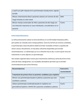 34
o ≥ypT2 y/o ypN+ después de la quimioterapia neoadyuvante, seguida
de NUR.
Ofrecer ureterectomía distal a pacientes selectos con tumores de alto
riesgo limitados al uréter distal.
Débil
Ofrecer manejo conservador de riñón a pacientes de alto riesgo con
una indicación imperativa en casos individuales, consultándose con el
paciente.
Fuerte
Enfermedad Metastásica
La nefroureterectomía radical no tiene beneficios en la enfermedad metastásica (M+),
pero podría ser utilizada como manejo paliativo. Como los CUTUS son tumores uroteliales,
la quimioterapia a base de platinos debería brindar resultados similares a aquellos del
cáncer vesical. Actualmente, no hay datos suficientes disponibles para brindar
recomendaciones. La radioterapia ya no es relevante hoy en día, ni como opción única de
tratamiento ni como adjunta a la quimioterapia.
Han estado surgiendo datos nuevos para tratamientos sistémicos; tanto de primera línea
como de líneas subsiguientes. Los resultados alentadores permiten que se brinden
recomendaciones para varios fármacos.
Recomendaciones Fuerza de la
recomendación
Tratamiento de primera línea en pacientes candidatos para cisplatino
Ofrecer una quimioterapia basada en platinos a pacientes que sean
candidatos a platinos
Fuerte
Utilizar quimioterapia combinada basada en cisplatino con
gemcitabina/cisplatino o MVAC DD a pacientes candidatos a platinos.
Fuerte
 