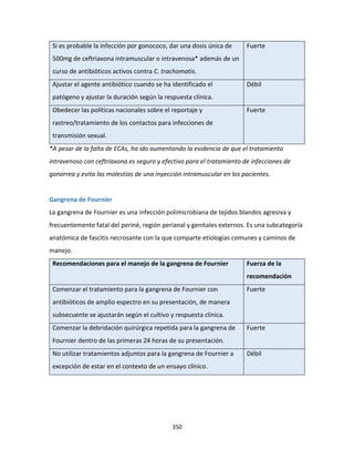 350
Si es probable la infección por gonococo, dar una dosis única de
500mg de ceftriaxona intramuscular o intravenosa* además de un
curso de antibióticos activos contra C. trachomatis.
Fuerte
Ajustar el agente antibiótico cuando se ha identificado el
patógeno y ajustar la duración según la respuesta clínica.
Débil
Obedecer las políticas nacionales sobre el reportaje y
rastreo/tratamiento de los contactos para infecciones de
transmisión sexual.
Fuerte
*A pesar de la falta de ECAs, ha ido aumentando la evidencia de que el tratamiento
intravenoso con ceftriaxona es seguro y efectivo para el tratamiento de infecciones de
gonorrea y evita las molestias de una inyección intramuscular en los pacientes.
Gangrena de Fournier
La gangrena de Fournier es una infección polimicrobiana de tejidos blandos agresiva y
frecuentemente fatal del periné, región perianal y genitales externos. Es una subcategoría
anatómica de fascitis necrosante con la que comparte etiologías comunes y caminos de
manejo.
Recomendaciones para el manejo de la gangrena de Fournier Fuerza de la
recomendación
Comenzar el tratamiento para la gangrena de Fournier con
antibióticos de amplio espectro en su presentación, de manera
subsecuente se ajustarán según el cultivo y respuesta clínica.
Fuerte
Comenzar la debridación quirúrgica repetida para la gangrena de
Fournier dentro de las primeras 24 horas de su presentación.
Fuerte
No utilizar tratamientos adjuntos para la gangrena de Fournier a
excepción de estar en el contexto de un ensayo clínico.
Débil
 