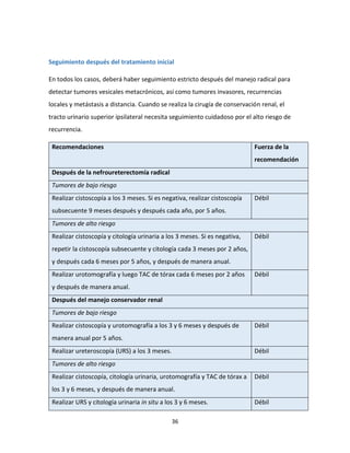 36
Seguimiento después del tratamiento inicial
En todos los casos, deberá haber seguimiento estricto después del manejo radical para
detectar tumores vesicales metacrónicos, así como tumores invasores, recurrencias
locales y metástasis a distancia. Cuando se realiza la cirugía de conservación renal, el
tracto urinario superior ipsilateral necesita seguimiento cuidadoso por el alto riesgo de
recurrencia.
Recomendaciones Fuerza de la
recomendación
Después de la nefroureterectomía radical
Tumores de bajo riesgo
Realizar cistoscopía a los 3 meses. Si es negativa, realizar cistoscopía
subsecuente 9 meses después y después cada año, por 5 años.
Débil
Tumores de alto riesgo
Realizar cistoscopía y citología urinaria a los 3 meses. Si es negativa,
repetir la cistoscopía subsecuente y citología cada 3 meses por 2 años,
y después cada 6 meses por 5 años, y después de manera anual.
Débil
Realizar urotomografía y luego TAC de tórax cada 6 meses por 2 años
y después de manera anual.
Débil
Después del manejo conservador renal
Tumores de bajo riesgo
Realizar cistoscopía y urotomografía a los 3 y 6 meses y después de
manera anual por 5 años.
Débil
Realizar ureteroscopía (URS) a los 3 meses. Débil
Tumores de alto riesgo
Realizar cistoscopía, citología urinaria, urotomografía y TAC de tórax a
los 3 y 6 meses, y después de manera anual.
Débil
Realizar URS y citología urinaria in situ a los 3 y 6 meses. Débil
 