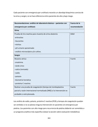 363
Cada paciente con emergencia por urolitiasis necesita un abordaje bioquímico conciso de
la orina y sangre; no se hace diferencia entre pacientes de alto y bajo riesgo.
Recomendaciones: análisis de laboratorio básicos – pacientes con
emergencia por urolitiasis
Fuerza de la
recomendación
Orina
Prueba de tira reactiva para muestra de orina aleatoria:
-eritrocitos
–leucocitos
–nitritos
–pH urinario aproximado
–análisis microscópico y/o cultivo.
Débil
Sangre
Muestra sérica:
-creatinina
–ácido úrico
–calcio (ionizado)
–sodio
–potasio
–biometría hemática
–proteína C reactiva.
Fuerte
Realizar una prueba de coagulación (tiempo de tromboplastina
parcial y razón internacional normalizada [INR]) si la intervención es
probable o está planeada.
Fuerte
Los análisis de sodio, potasio, proteína C reactiva (PCR) y tiempos de coagulación pueden
ser omitidos si no se planea ninguna intervención en pacientes sin emergencia por
piedras. Los pacientes con alto riesgo para recurrencia de piedras deberán ser sometidos a
un programa analítico más específico (véase la sección sobre evaluación metabólica).
 