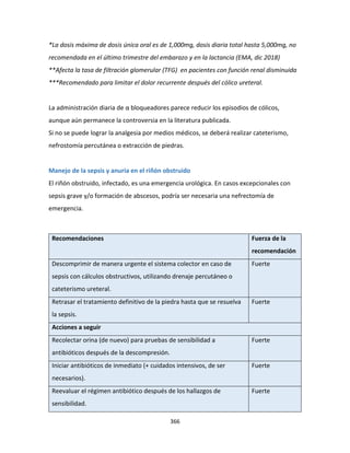 366
*La dosis máxima de dosis única oral es de 1,000mg, dosis diaria total hasta 5,000mg, no
recomendada en el último trimestre del embarazo y en la lactancia (EMA, dic 2018)
**Afecta la tasa de filtración glomerular (TFG) en pacientes con función renal disminuida
***Recomendado para limitar el dolor recurrente después del cólico ureteral.
La administración diaria de α bloqueadores parece reducir los episodios de cólicos,
aunque aún permanece la controversia en la literatura publicada.
Si no se puede lograr la analgesia por medios médicos, se deberá realizar cateterismo,
nefrostomía percutánea o extracción de piedras.
Manejo de la sepsis y anuria en el riñón obstruido
El riñón obstruido, infectado, es una emergencia urológica. En casos excepcionales con
sepsis grave y/o formación de abscesos, podría ser necesaria una nefrectomía de
emergencia.
Recomendaciones Fuerza de la
recomendación
Descomprimir de manera urgente el sistema colector en caso de
sepsis con cálculos obstructivos, utilizando drenaje percutáneo o
cateterismo ureteral.
Fuerte
Retrasar el tratamiento definitivo de la piedra hasta que se resuelva
la sepsis.
Fuerte
Acciones a seguir
Recolectar orina (de nuevo) para pruebas de sensibilidad a
antibióticos después de la descompresión.
Fuerte
Iniciar antibióticos de inmediato (+ cuidados intensivos, de ser
necesarios).
Fuerte
Reevaluar el régimen antibiótico después de los hallazgos de
sensibilidad.
Fuerte
 