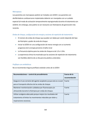 369
Marcapasos
Los pacientes con marcapasos podrán ser tratados con LEOCH. Los pacientes con
desfibriladores cardioversores implantados deberán ser manejados con un cuidado
especial (el modo de activación temporalmente reprogramado durante el tratamiento con
LEOCH). Sin embargo, esto podría no ser necesario con litotriptores de generación más
reciente.
Ondas de choque, configuración de energía y sesiones de repetición de tratamiento
 El número de ondas de choque que puedan ser dadas por sesión depende del tipo
de litotriptor y poder de onda de choque
 Iniciar la LEOCH en una configuración de menor energía con un aumento
progresivo de la energía previene el daño renal
 La frecuencia óptima para las ondas de choque es de 1.0 a 1.5Hz.
 La experiencia clínica ha mostrado que las sesiones de repetición de tratamiento
son factibles (dentro de un día para las piedras ureterales).
Profilaxis con antibióticos
No se recomienda ninguna profilaxis estándar antes de la LEOCH
Recomendaciones – control de procedimiento Fuerza de la
recomendación
Asegurar el uso correcto del agente acoplante ya que esto es crucial
para el transporte efectivo de las ondas de choque.
Fuerte
Mantener monitorización cuidadosa por fluoroscopía y/o
ultrasonido durante la litotripsia por ondas de choque.
Fuerte
Utilizar analgesia adecuada porque mejora los resultados del
tratamiento al limitar los movimientos inducidos por dolor y
respiraciones excesivas.
Fuerte
 