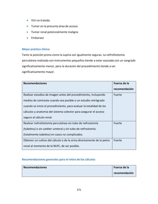 371
 IVU no tratada
 Tumor en la presunta área de acceso
 Tumor renal potencialmente maligno
 Embarazo
Mejor práctica clínica
Tanto la posición prona como la supina son igualmente seguras. La nefrolitotomía
percutánea realizada con instrumentos pequeños tiende a estar asociada con un sangrado
significativamente menor, pero la duración del procedimiento tiende a ser
significativamente mayor.
Recomendaciones Fuerza de la
recomendación
Realizar estudios de imagen antes del procedimiento, incluyendo
medios de contraste cuando sea posible o un estudio retrógrado
cuando se inicie el procedimiento, para evaluar la totalidad de los
cálculos y anatomía del sistema colector para asegurar el acceso
seguro al cálculo renal.
Fuerte
Realizar nefrolitotomía percutánea sin tubo de nefrostomía
(tubeless) o sin catéter ureteral y sin tubo de nefrostomía
(totalmente tubeless) en casos no complicados.
Fuerte
Obtener un cultivo del cálculo o de la orina directamente de la pelvis
renal al momento de la NLPC, de ser posible.
Fuerte
Recomendaciones generales para el retiro de los cálculos
Recomendaciones Fuerza de la
recomendación
 