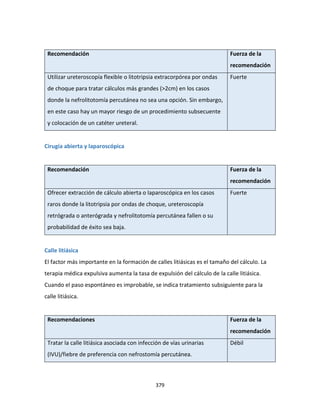 379
Recomendación Fuerza de la
recomendación
Utilizar ureteroscopía flexible o litotripsia extracorpórea por ondas
de choque para tratar cálculos más grandes (>2cm) en los casos
donde la nefrolitotomía percutánea no sea una opción. Sin embargo,
en este caso hay un mayor riesgo de un procedimiento subsecuente
y colocación de un catéter ureteral.
Fuerte
Cirugía abierta y laparoscópica
Recomendación Fuerza de la
recomendación
Ofrecer extracción de cálculo abierta o laparoscópica en los casos
raros donde la litotripsia por ondas de choque, ureteroscopía
retrógrada o anterógrada y nefrolitotomía percutánea fallen o su
probabilidad de éxito sea baja.
Fuerte
Calle litiásica
El factor más importante en la formación de calles litiásicas es el tamaño del cálculo. La
terapia médica expulsiva aumenta la tasa de expulsión del cálculo de la calle litiásica.
Cuando el paso espontáneo es improbable, se indica tratamiento subsiguiente para la
calle litiásica.
Recomendaciones Fuerza de la
recomendación
Tratar la calle litiásica asociada con infección de vías urinarias
(IVU)/fiebre de preferencia con nefrostomía percutánea.
Débil
 