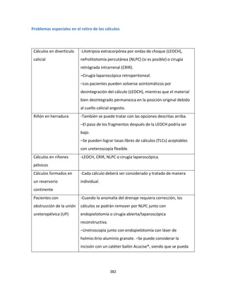 382
Problemas especiales en el retiro de los cálculos
Cálculos en divertículo
calicial
-Litotripsia extracorpórea por ondas de choque (LEOCH),
nefrolitotomía percutánea (NLPC) (si es posible) o cirugía
retrógrada intrarrenal (CRIR).
–Cirugía laparoscópica retroperitoneal.
–Los pacientes pueden volverse asintomáticos por
desintegración del cálculo (LEOCH), mientras que el material
bien desintegrado permanezca en la posición original debido
al cuello calicial angosto.
Riñón en herradura -También se puede tratar con las opciones descritas arriba.
–El paso de los fragmentos después de la LEOCH podría ser
bajo.
–Se pueden lograr tasas libres de cálculos (TLCs) aceptables
con ureteroscopía flexible.
Cálculos en riñones
pélvicos
-LEOCH, CRIR, NLPC o cirugía laparoscópica.
Cálculos formados en
un reservorio
continente
-Cada cálculo deberá ser considerado y tratado de manera
individual.
Pacientes con
obstrucción de la unión
ureteropélvica (UP)
-Cuando la anomalía del drenaje requiera corrección, los
cálculos se podrán remover por NLPC junto con
endopielotomía o cirugía abierta/laparoscópica
reconstructiva.
–Uretroscopía junto con endopielotomía con láser de
holmio:itrio-aluminio granate. –Se puede considerar la
incisión con un catéter balón Acucise®, siendo que se pueda
 