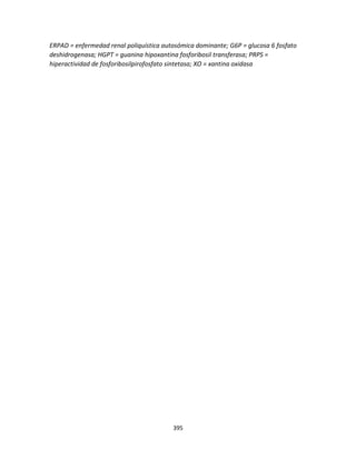 395
ERPAD = enfermedad renal poliquística autosómica dominante; G6P = glucosa 6 fosfato
deshidrogenasa; HGPT = guanina hipoxantina fosforibosil transferasa; PRPS =
hiperactividad de fosforibosilpirofosfato sintetasa; XO = xantina oxidasa
 
