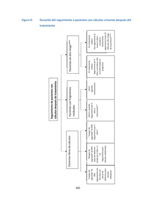 402
Figura 9: Duración del seguimiento a pacientes con cálculos urinarios después del
tratamiento
Seguimiento
de
pacientes
con
cálculos
después
de
tratamiento
Pacientes
libres
de
cálculos
Pacientes
con
fragmentos
residuales
Pacientes
de
alto
riesgo***
Sin
tratamiento
médico
Dar
seguimiento
al
menos
4
años
–
considerar
fuertemente
seguimiento
hasta
10
años
por
alto
riesgo
de
recurrencia****
En
tratamiento
médico
Seguimiento
por
4
años
y
considerar
alta
en
enfermedad
no
progresiva
>4mm
Agendar
reintervención
≤4mm
o
arenilla
Seguimiento
por
4
años
o
intervención**
“margen
de
seguridad”
de
90%
Seguimiento
por
5
años*
“Margen
de
seguridad”
de
80%
placa
de
abdomen
simple
por
3
años
+/-
US
Seguimiento
para
cálculos
radiolúcidos
“margen
de
seguridad”
de
80%
Seguimiento
por
dos
años
con
placas
de
abdomen
para
cálculos
radiopacos
 