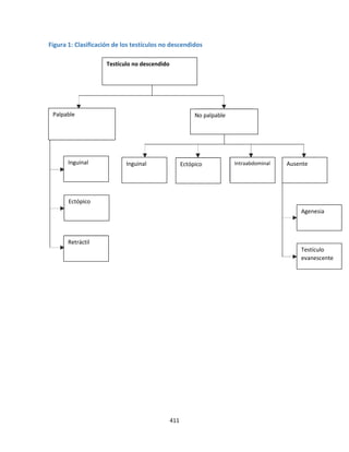 411
Figura 1: Clasificación de los testículos no descendidos
Testículo no descendido
Palpable No palpable
Inguinal Ectópico Intraabdominal Ausente
Testículo
evanescente
Agenesia
Inguinal
Ectópico
Retráctil
 
