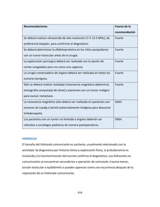 414
Recomendaciones Fuerza de la
recomendación
Se deberá realizar ultrasonido de alta resolución (7.5-12.5 MHz), de
preferencia Doppler, para confirmar el diagnóstico.
Fuerte
Se deberá determinar la alfafetoproteína en los niños postpúberes
con un tumor testicular antes de la cirugía.
Fuerte
La exploración quirúrgica deberá ser realizada con la opción de
cortes congelados pero no como una urgencia.
Fuerte
La cirugía conservadora de órgano deberá ser realizada en todos los
tumores benignos.
Fuerte
Sólo se deberá realizar estadiaje (resonancia magnética abdominal,
tomografía computada de tórax) a pacientes con un tumor maligno
para excluir metástasis.
Fuerte
La resonancia magnética sólo deberá ser realizada en pacientes con
tumores de Leydig o Sertoli potencialmente malignos para descartar
linfadenopatía
Débil
Los pacientes con un tumor no limitado a órgano deberán ser
referidos a oncólogos pediatras de manera postoperatoria.
Débil
HIDROCELE
El tamaño del hidrocele comunicante es oscilante, usualmente relacionado con la
actividad. Se diagnostica por historia clínica y exploración física, la protuberancia es
traslúcida y la transiluminación del escroto confirma el diagnóstico. Los hidroceles no
comunicantes se encuentran secundarios a operación de varicocele, trauma menor,
torsión testicular o epididimitis o pueden aparecer como una recurrencia después de la
reparación de un hidrocele comunicante.
 