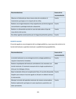 415
Recomendaciones Fuerza de la
recomendación
Observar el hidrocele por doce meses antes de considerar el
tratamiento quirúrgico en la mayoría de los niños.
Fuerte
Realizar una cirugía temprana si hay sospecha de una hernia inguinal
concomitante o patología testicular subyacente.
Fuerte
Realizar un ultrasonido escrotal en caso de duda sobre el tipo de
masa dentro del escroto.
Fuerte
No utilizar agentes esclerosantes por el riesgo de peritonitis química. Fuerte
ESCROTO AGUDO
El escroto agudo es una emergencia de la urología pediátrica, cuya causa más común es la
torsión del testículo o apéndice testicular o epididimitis/orquiepididimitis.
Recomendaciones Fuerza de la
recomendación
La torsión testicular es una emergencia de la urología pediátrica y
requiere tratamiento inmediato.
Fuerte
Realizar orquidopexia del testículo contralateral a los neonatos con
torsión testicular. El momento necesario de la cirugía usualmente se
dicta por los hallazgos clínicos.
Débil
Basar la decisión clínica en la exploración física. El uso del ultrasonido
Doppler para evaluar el escroto agudo es útil pero no deberá retrasar
la intervención.
Fuerte
Manejar la torsión del apéndice testicular de manera conservadora.
Realizar exploración quirúrgica en casos equívocos y pacientes con
dolor persistente.
Fuerte
 