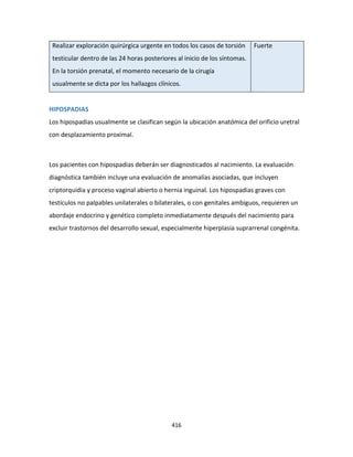 416
Realizar exploración quirúrgica urgente en todos los casos de torsión
testicular dentro de las 24 horas posteriores al inicio de los síntomas.
En la torsión prenatal, el momento necesario de la cirugía
usualmente se dicta por los hallazgos clínicos.
Fuerte
HIPOSPADIAS
Los hipospadias usualmente se clasifican según la ubicación anatómica del orificio uretral
con desplazamiento proximal.
Los pacientes con hipospadias deberán ser diagnosticados al nacimiento. La evaluación
diagnóstica también incluye una evaluación de anomalías asociadas, que incluyen
criptorquidia y proceso vaginal abierto o hernia inguinal. Los hipospadias graves con
testículos no palpables unilaterales o bilaterales, o con genitales ambiguos, requieren un
abordaje endocrino y genético completo inmediatamente después del nacimiento para
excluir trastornos del desarrollo sexual, especialmente hiperplasia suprarrenal congénita.
 