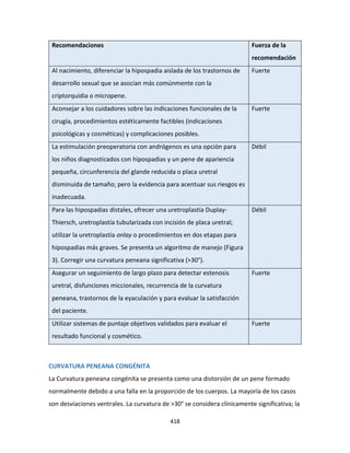 418
Recomendaciones Fuerza de la
recomendación
Al nacimiento, diferenciar la hipospadia aislada de los trastornos de
desarrollo sexual que se asocian más comúnmente con la
criptorquidia o micropene.
Fuerte
Aconsejar a los cuidadores sobre las indicaciones funcionales de la
cirugía, procedimientos estéticamente factibles (indicaciones
psicológicas y cosméticas) y complicaciones posibles.
Fuerte
La estimulación preoperatoria con andrógenos es una opción para
los niños diagnosticados con hipospadias y un pene de apariencia
pequeña, circunferencia del glande reducida o placa uretral
disminuida de tamaño; pero la evidencia para acentuar sus riesgos es
inadecuada.
Débil
Para las hipospadias distales, ofrecer una uretroplastía Duplay-
Thiersch, uretroplastía tubularizada con incisión de placa uretral;
utilizar la uretroplastía onlay o procedimientos en dos etapas para
hipospadias más graves. Se presenta un algoritmo de manejo (Figura
3). Corregir una curvatura peneana significativa (>30°).
Débil
Asegurar un seguimiento de largo plazo para detectar estenosis
uretral, disfunciones miccionales, recurrencia de la curvatura
peneana, trastornos de la eyaculación y para evaluar la satisfacción
del paciente.
Fuerte
Utilizar sistemas de puntaje objetivos validados para evaluar el
resultado funcional y cosmético.
Fuerte
CURVATURA PENEANA CONGÉNITA
La Curvatura peneana congénita se presenta como una distorsión de un pene formado
normalmente debido a una falla en la proporción de los cuerpos. La mayoría de los casos
son desviaciones ventrales. La curvatura de >30° se considera clínicamente significativa; la
 